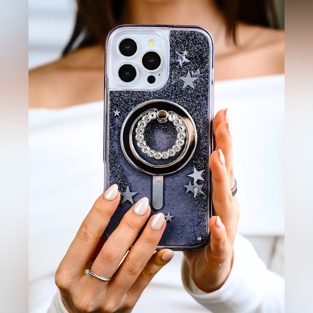 LUXYLEMON IPHONE 16 PRO GREY STARS GLITTER LIQUID CASE | NWT